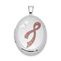 Sterling Silver Rhodium-plated Enameled Pink Ribbon 19mm Oval Locket view 1
