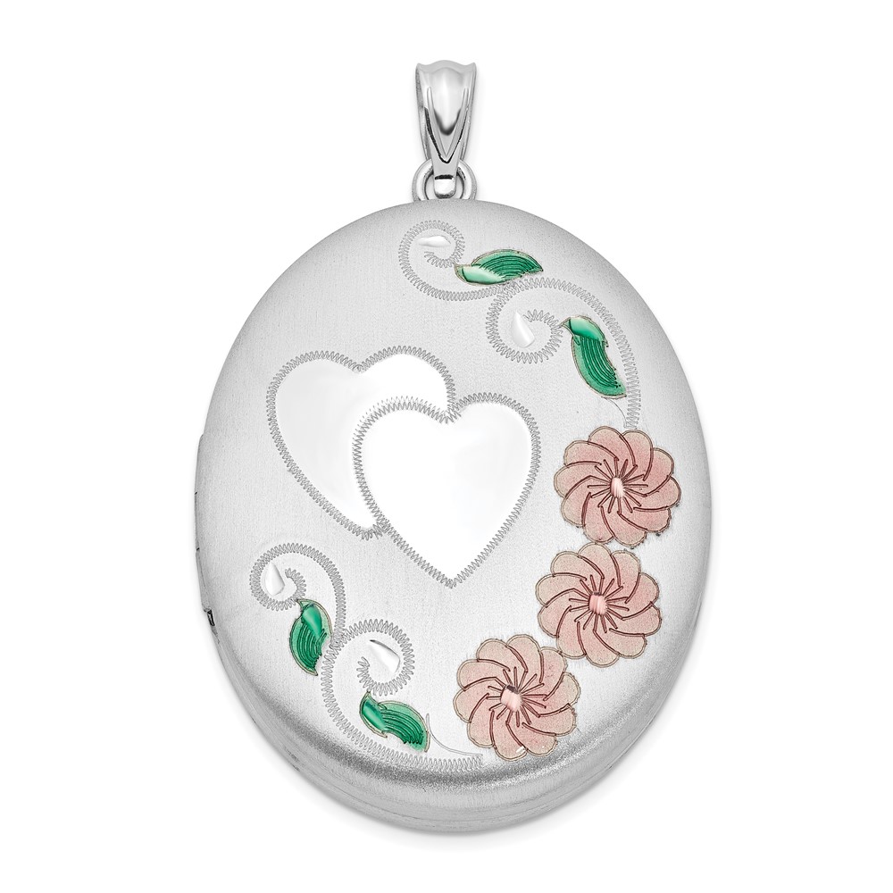 Sterling Silver Rhodium-plated Heart W/ Enamel Flowers 34mm Oval Locket