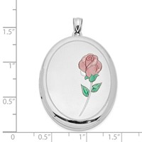 Sterling Silver Rhodium-plated Satin and Polished Pink and Green Enameled Rose 34mm Oval Locket view 4