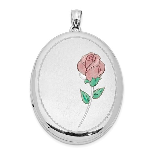 Sterling Silver Rhodium-plated Satin and Polished Pink and Green Enameled Rose 34mm Oval Locket
