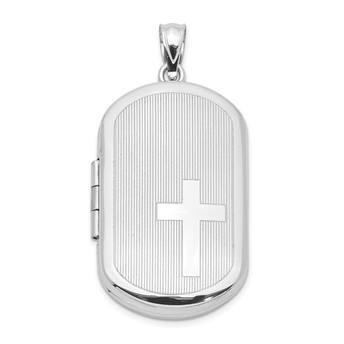 Sterling Silver Rhodium-plated Polished Front Satin Back Cross 30x 19mm Rectangle Locket