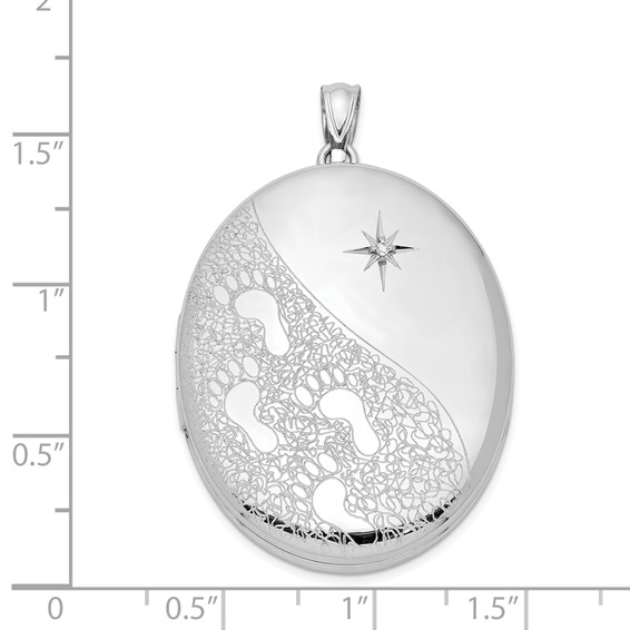 Sterling Silver Rhodium-plated & Diamond Footprints 34mm Oval Locket