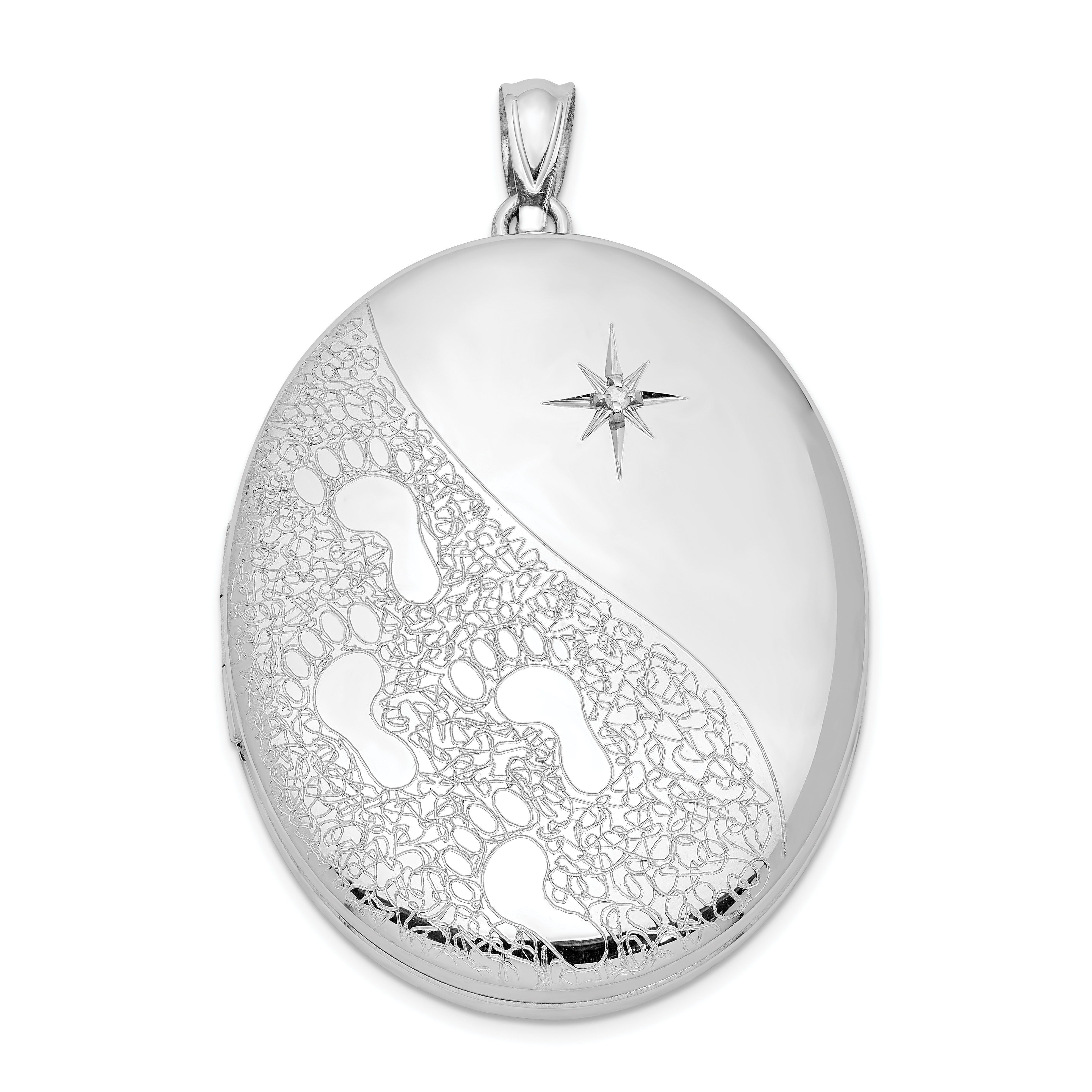 Sterling Silver Rhodium-plated & Diamond Footprints 34mm Oval Locket (QLS569)