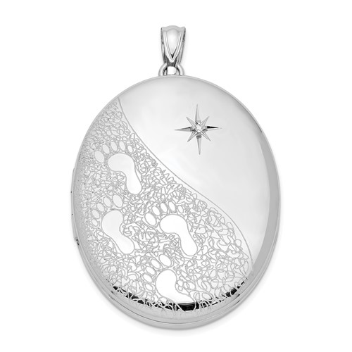 Sterling Silver Rhodium-plated Diamond Footprints Reversible IT Was Then That I Carried You. 34mm Oval Locket
