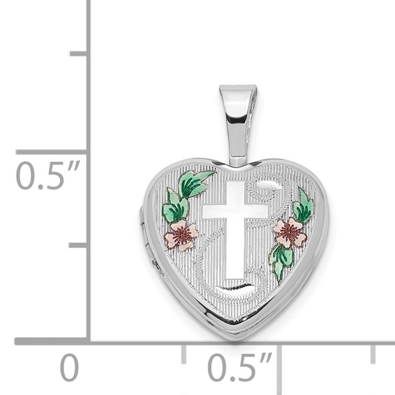 Sterling Silver Rhodium-plated Cross w/ Enamel Flowers 12mm Heart Locket