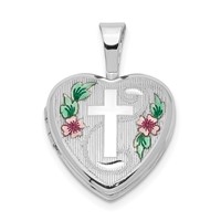 Sterling Silver Rhodium-plated Cross with Enamel Flowers 12mm Heart Locket view 1