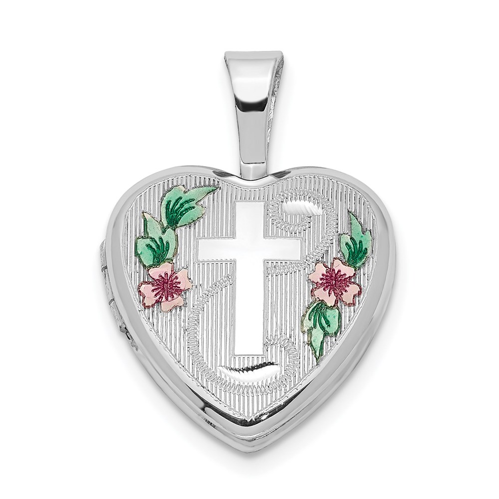 Sterling Silver Rhodium-plated Cross w/ Enamel Flowers 12mm Heart Locket