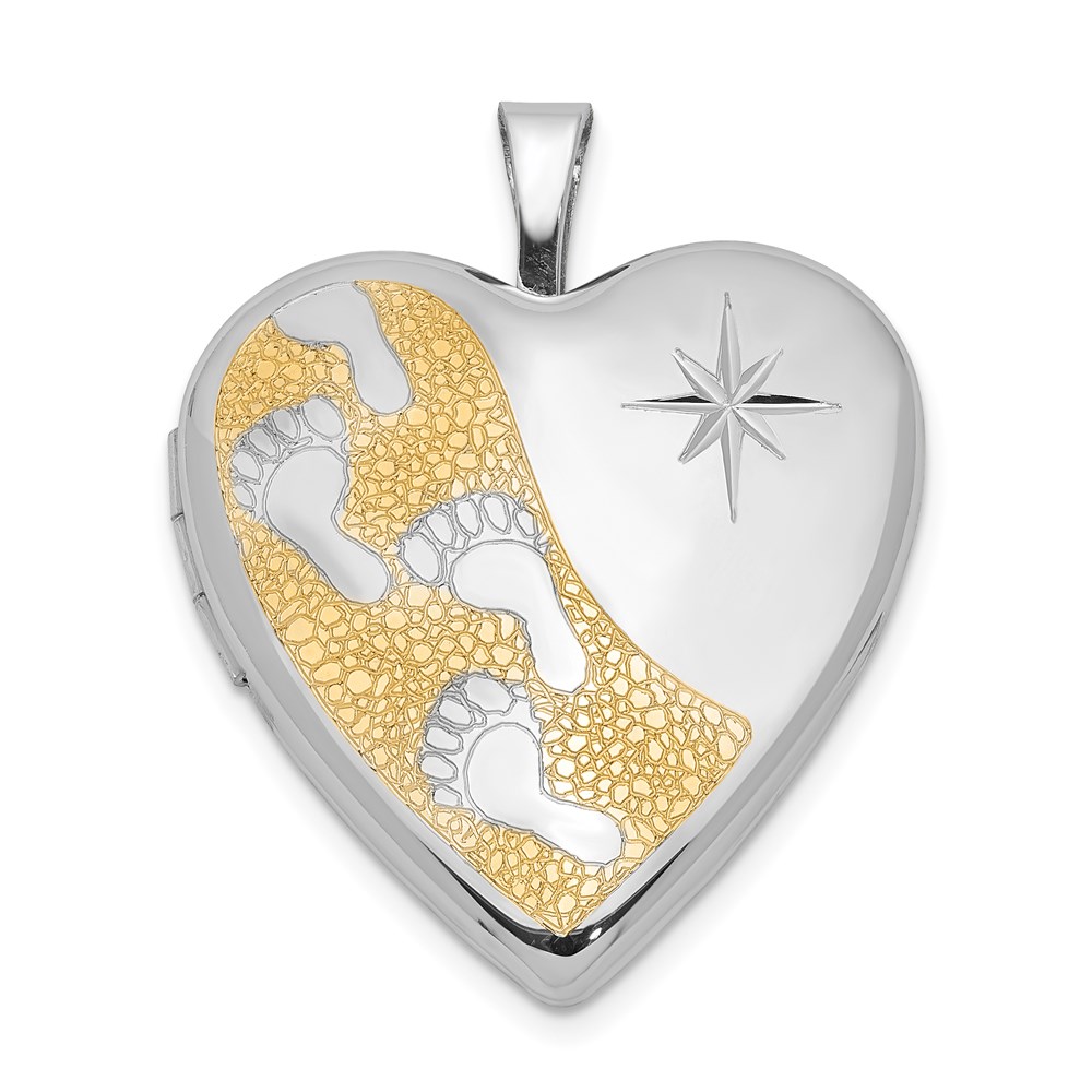 Sterling Silver Rhodium-plated Gold-plated Footprints 20mm Heart Locket
