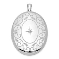 Sterling Silver Rhodium-plated Polished Front Satin Back Diamond Star with Swirl Border 34mm Oval Locket view 1