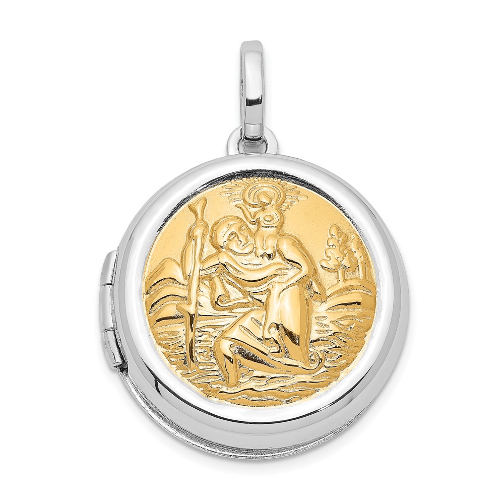Sterling Silver Rhodium-plated w/Gold-plate Round St. Christopher's Locket