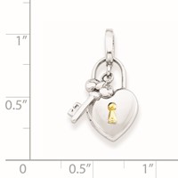 Sterling Silver Rhod & Gold-plated 10mm Heart Lock & Key Hinge Locket Charm view 4