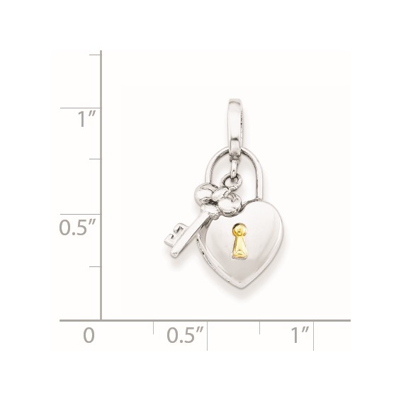 Sterling Silver Rhod & Gold-plated 10mm Heart Lock & Key Hinge Locket Charm