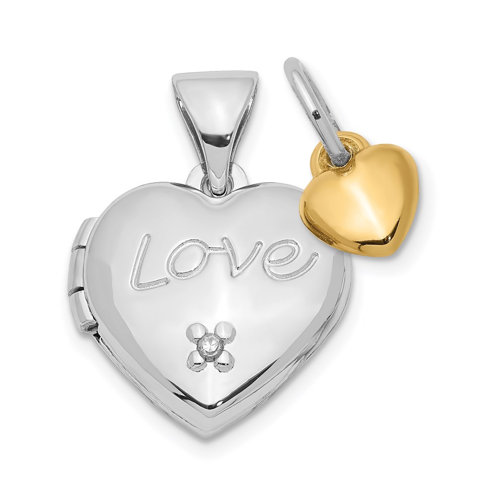 Sterling Silver Rhodium-plated w/Gold-plated Dia w/ Charm Heart Locket