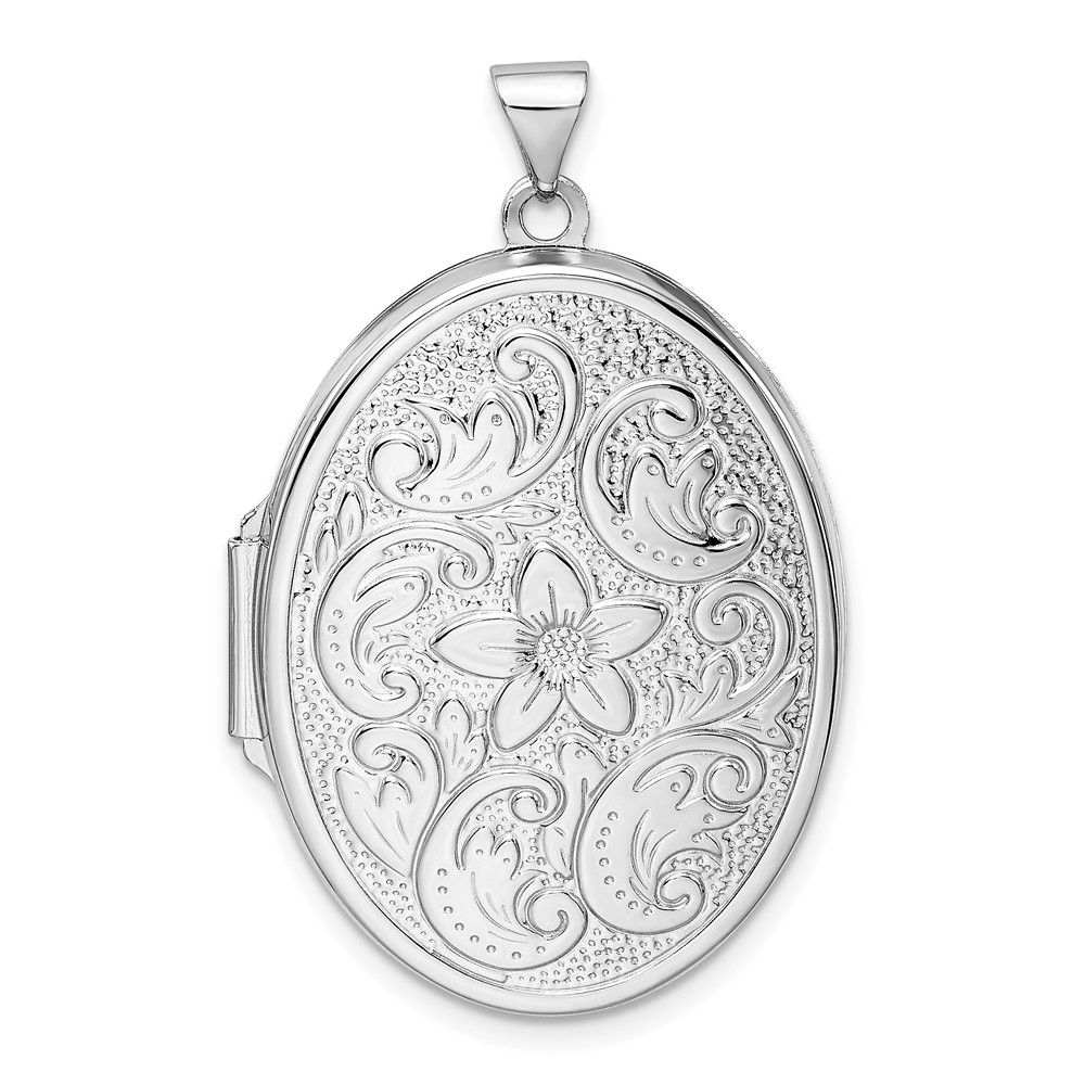 Sterling Silver Rhodium-plated Floral Swirl Reversible Same on Back 32mm Oval Locket