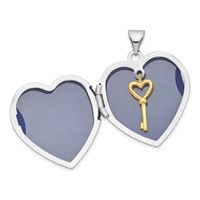 Sterling Silver Rhodium-plated and Gold-plated with Key Charm Inside 21mm Heart Locket view 4