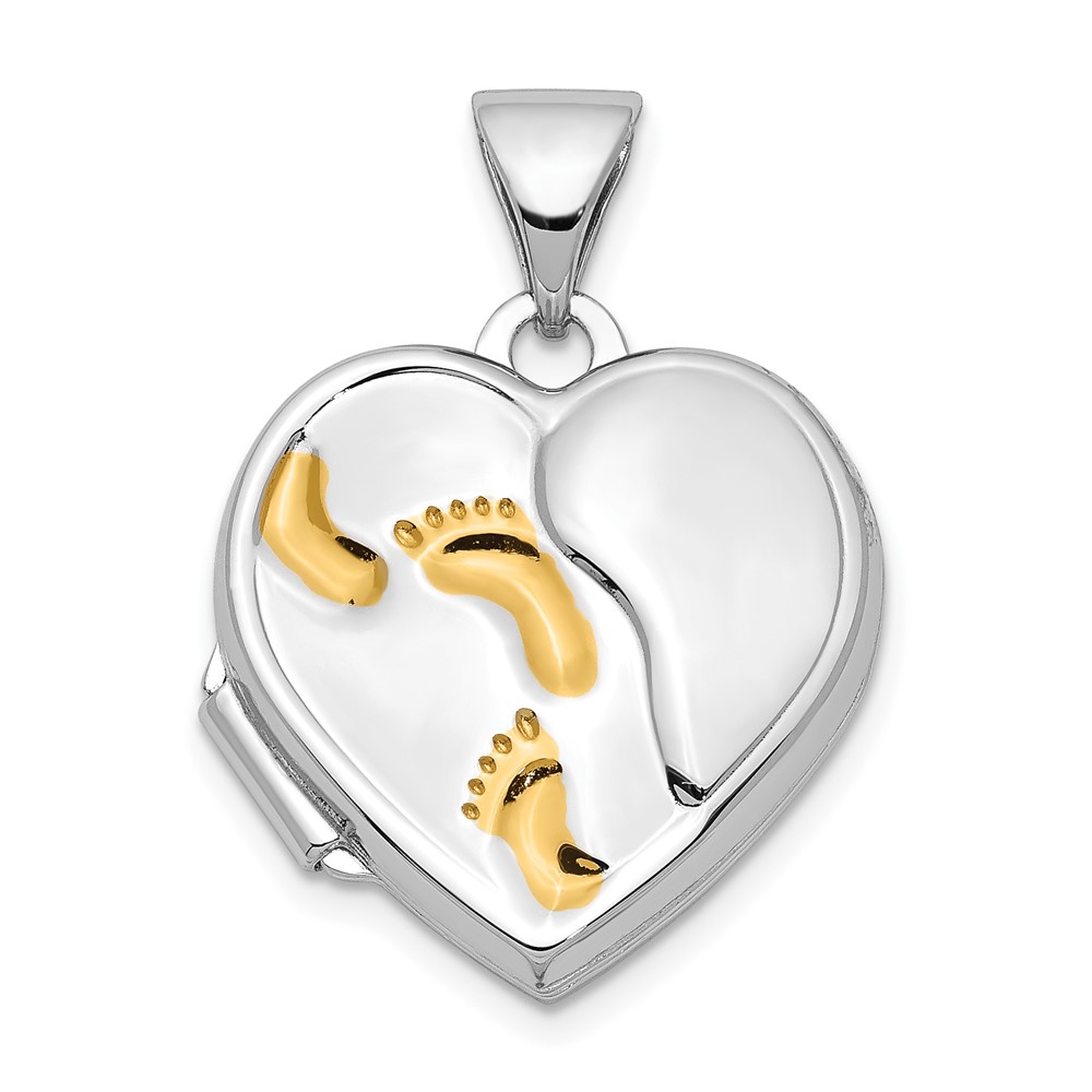 Sterling Silver Rhodium-plated w/Gold-plate 15m Heart Foot Prints Locket