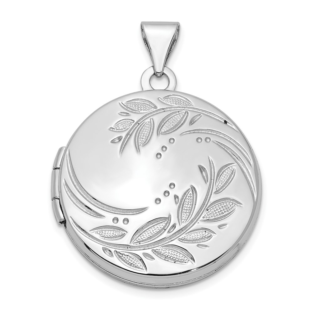 Sterling Silver Rhodium-plated Polished Leaf Floral 20mm Round Locket