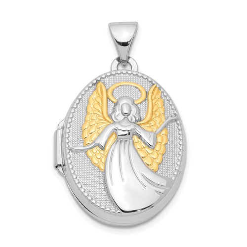 Sterling Silver Rhodium-plated and Gold-plated Guardian Angel Reversible to Watch Over You. 21mm Oval Locket