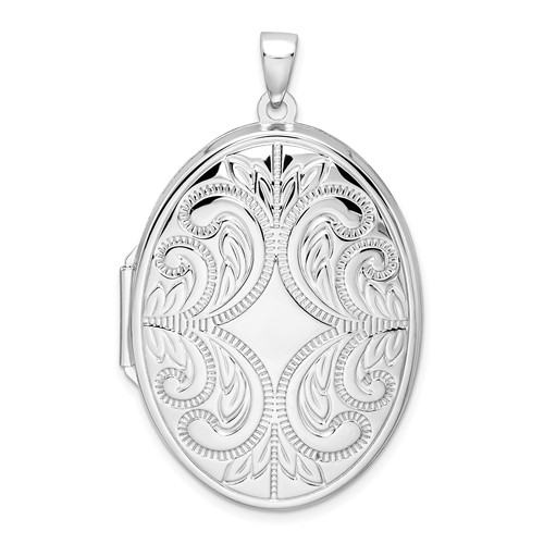 Sterling Silver Rhodium-plated Polished Scroll Design 36mm Oval Locket