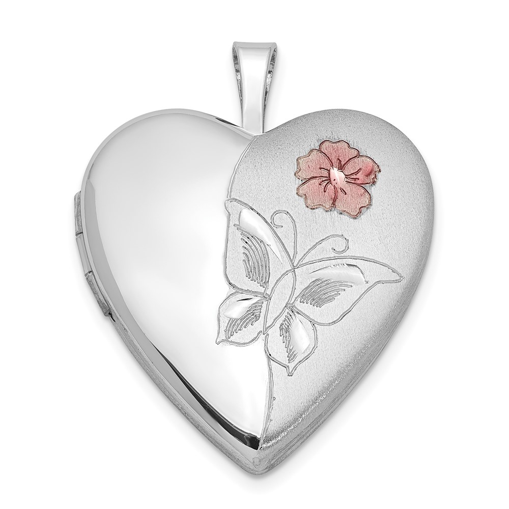 Sterling Silver Rhodium-plated Enameled Flower Butterfly Heart Locket