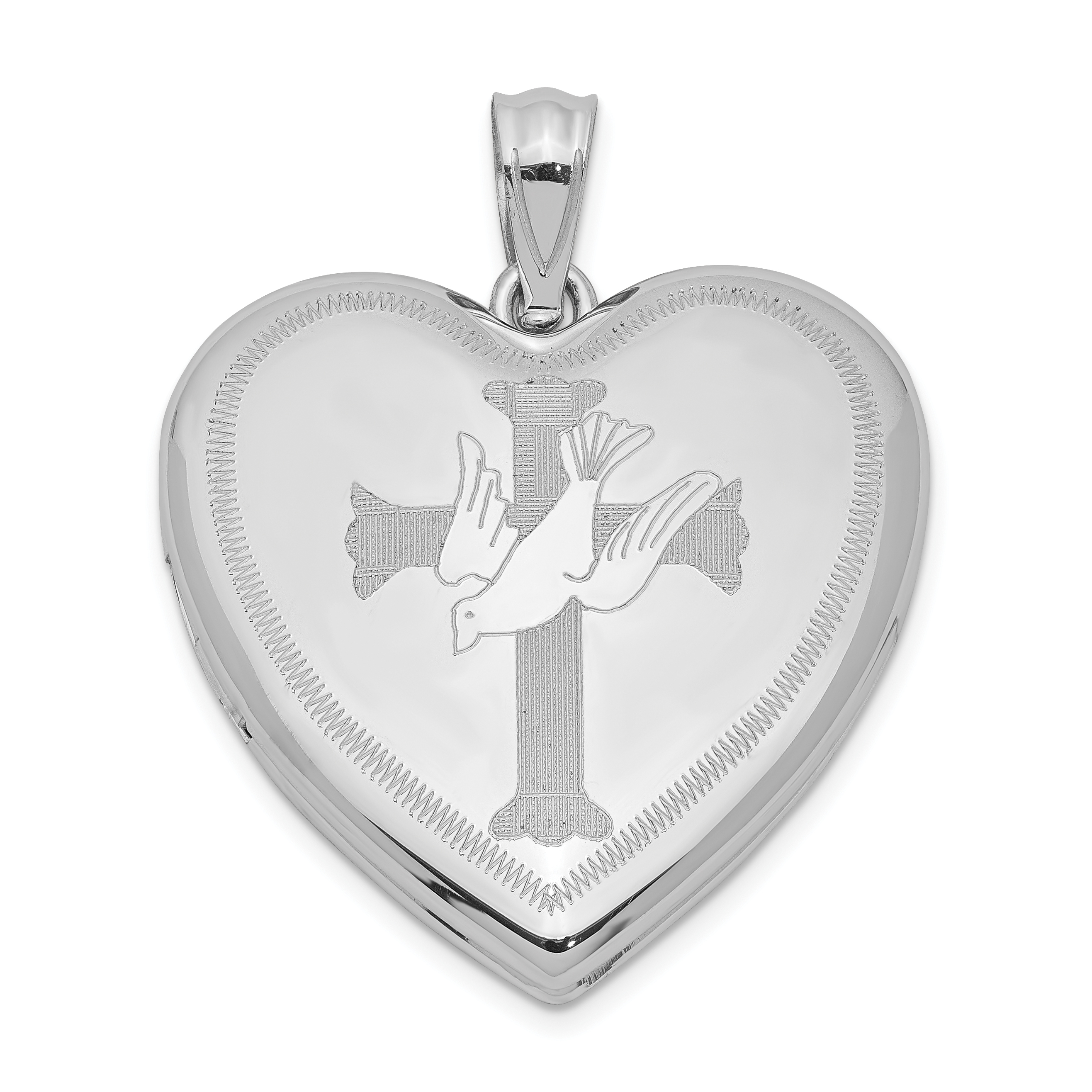 Sterling Silver Rhodium-plated Dove with Cross Heart Locket (QLS634)