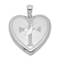 Sterling Silver Rhodium-plated Dove with Cross 24mm Heart Locket view 1