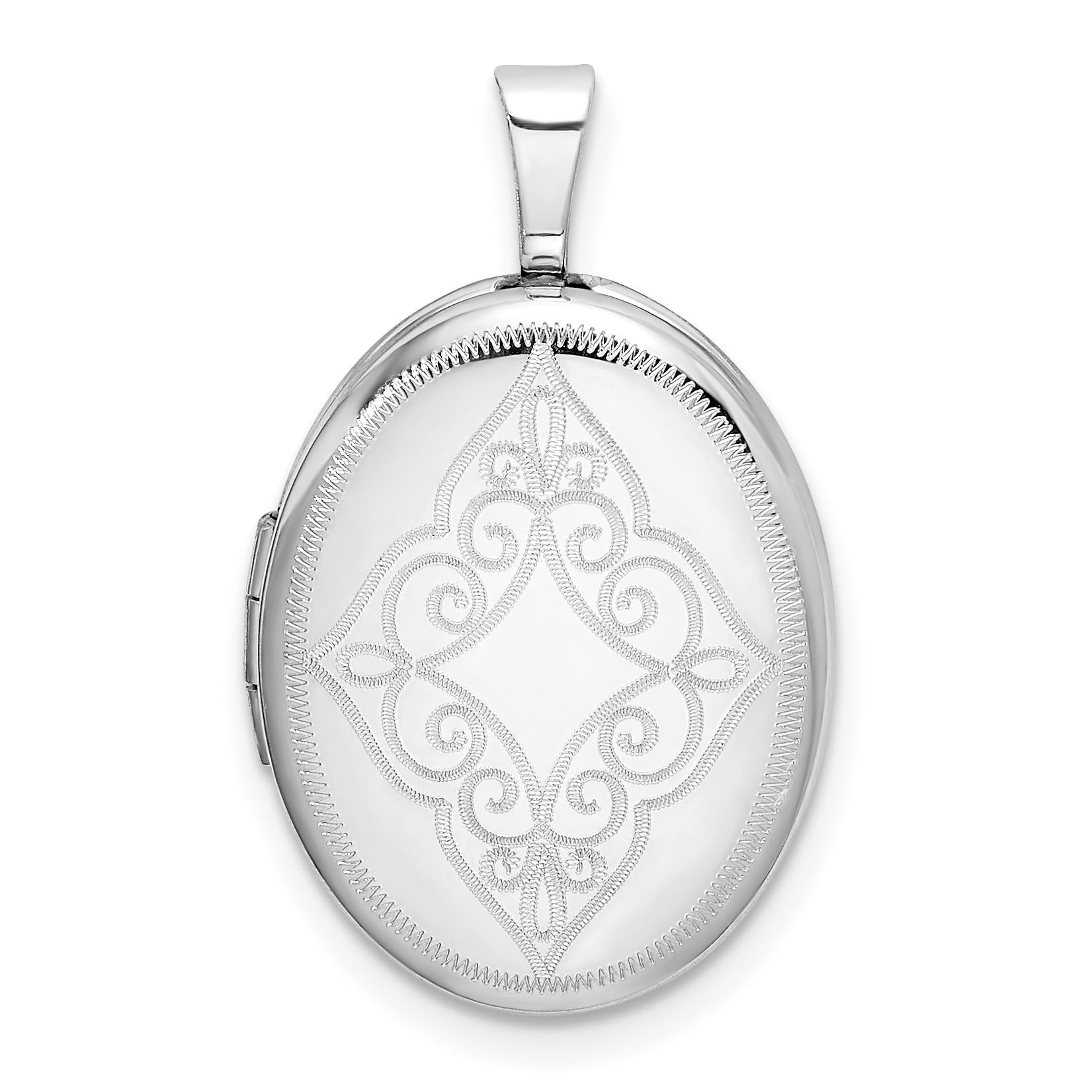 Sterling Silver Rhodium-plated Scroll Oval Locket (QLS639)