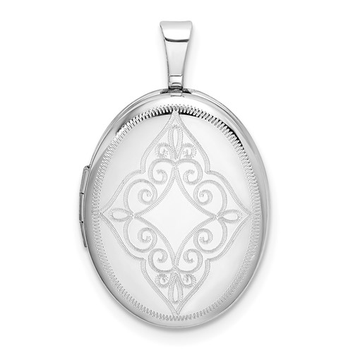 Sterling Silver Rhodium-plated Polished Front Satin Back Scrolled Design 19mm Oval Locket