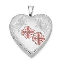 Sterling Silver Rhodium-plated Enameled Flowers & Butterfly Heart Locket view 1