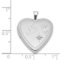 Sterling Silver Rhodium-plated Diamond-cut Dove and Flower with Diamond Star 20mm Heart Locket view 4