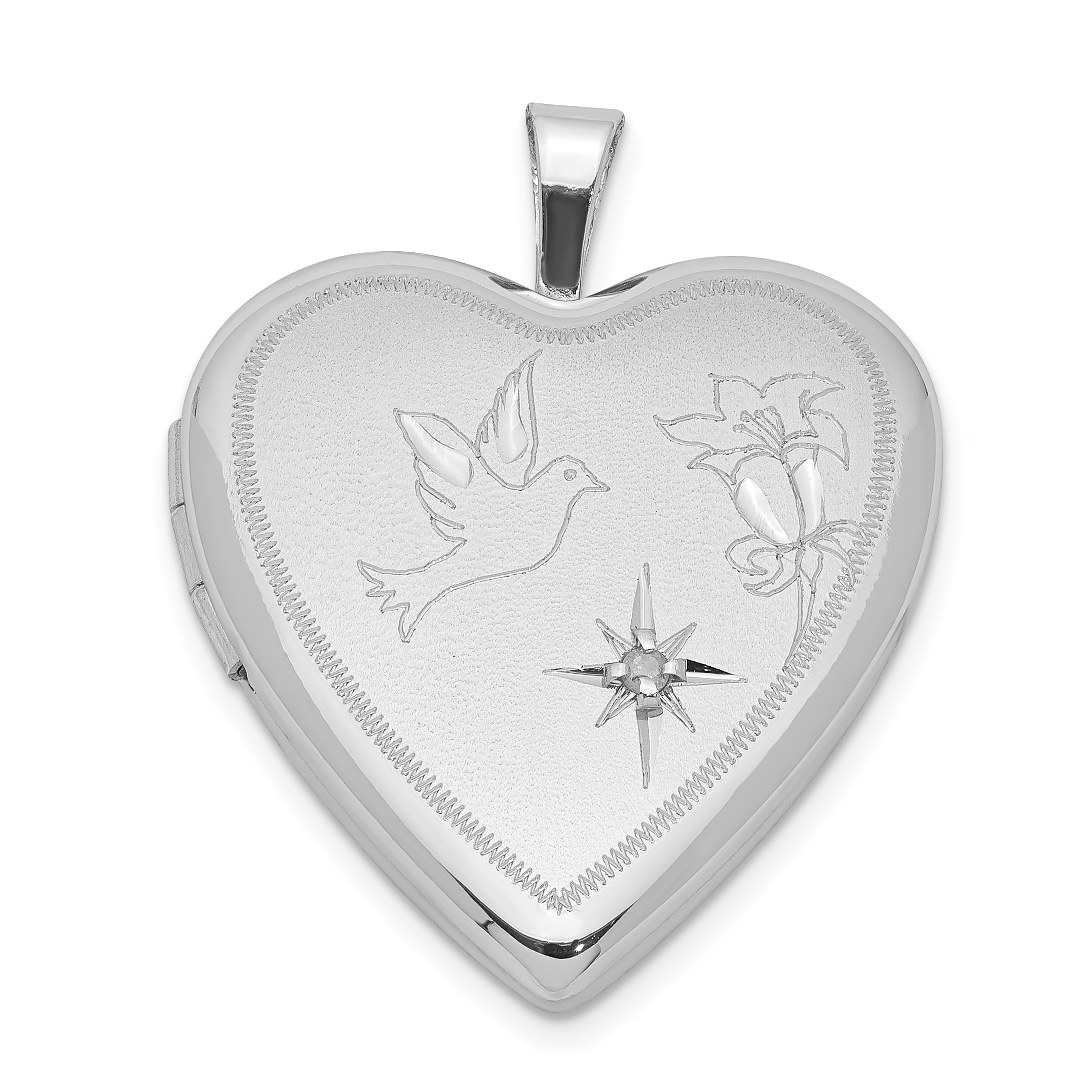 Sterling Silver Rhodium-plated Diamond D/C Dove & Flower Heart Locket (QLS668)