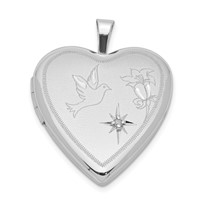 Sterling Silver Rhodium-plated Diamond-cut Dove and Flower with Diamond Star 20mm Heart Locket view 1
