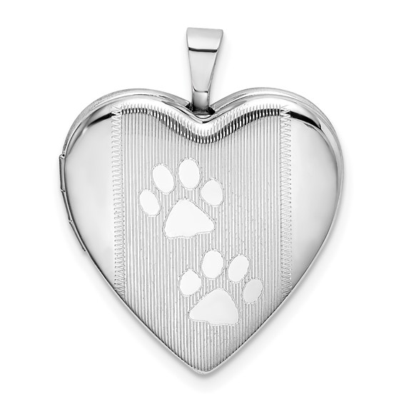 Sterling Silver Rhodium-plated Textured & Polished Paw Prints Heart Locket