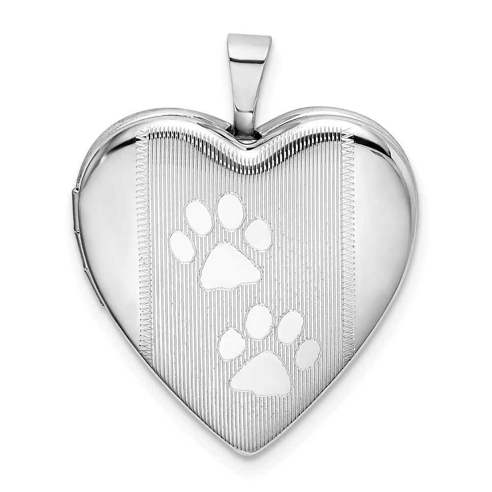 Sterling Silver Rhodium-plated Textured & Polished Paw Prints Heart Locket