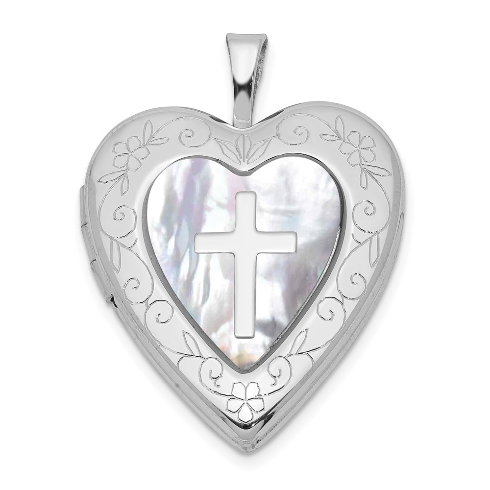 Sterling Silver Rhodium-plated 20mm Mother Of Pearl Cross Heart Locket