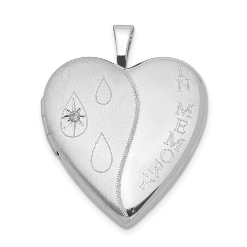 Sterling Silver Rhod-plated Diamond Satin Polished in Memory Heart Locket