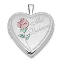 Sterling Silver Polished & Satin 20mm Enameled Rose Mis Quince Heart Locket view 1