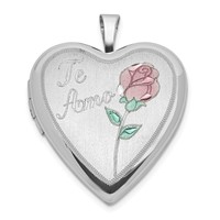 Sterling Silver Polished & Satin 20mm Enameled Rose Te Amo Heart Locket view 1