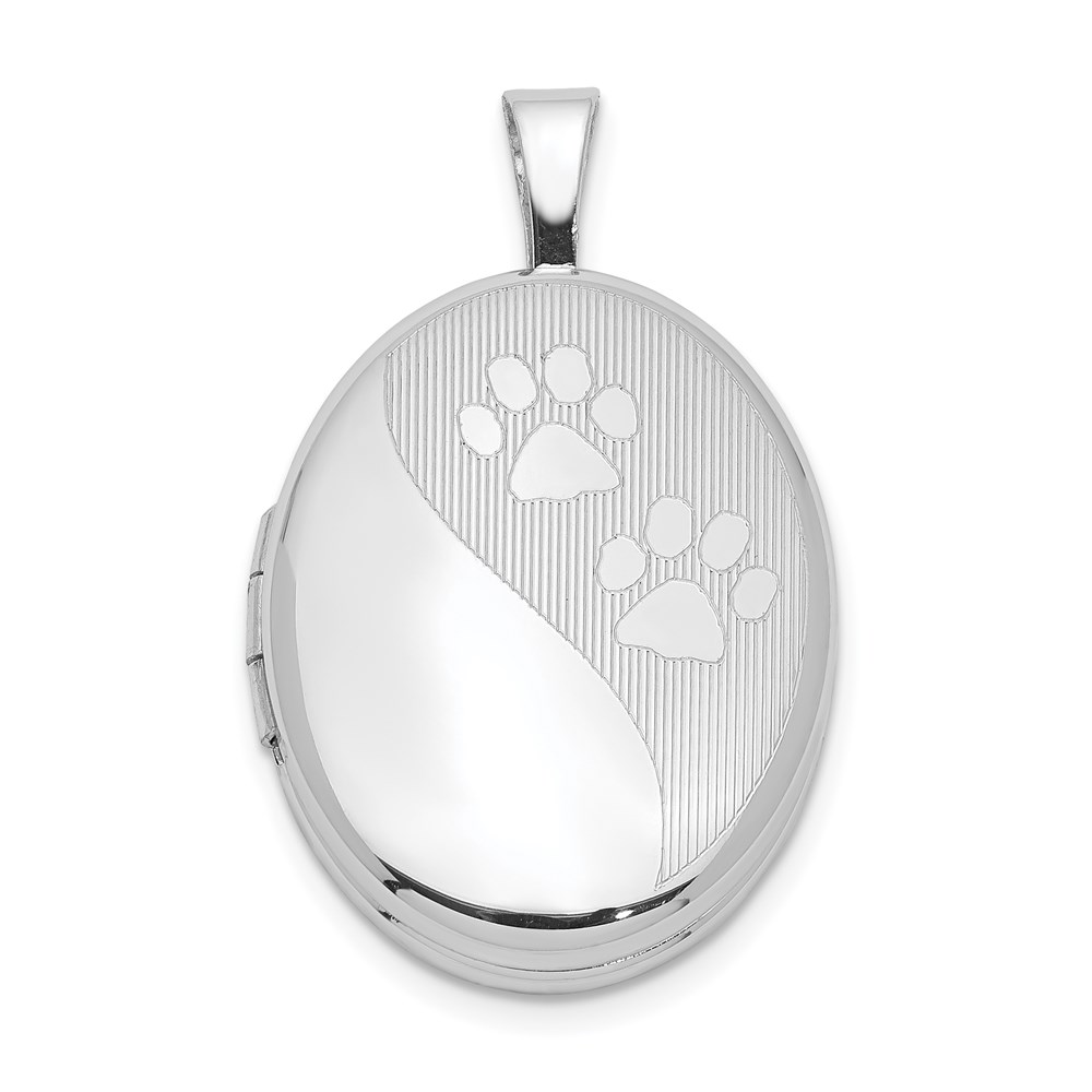 Sterling Silver Rhodium-plated Oval Satin & Polished Paw Prints Locket