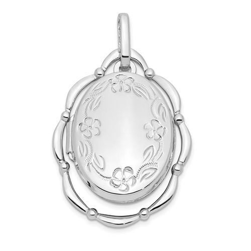 Sterling Silver Rhodium-plated Polished Floral Border Scalloped Frame 21x 16mm Oval Locket