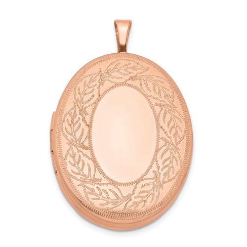Sterling Silver Rose Gold-plated Polished Front Satin Leaf Border 26mm Oval Locket