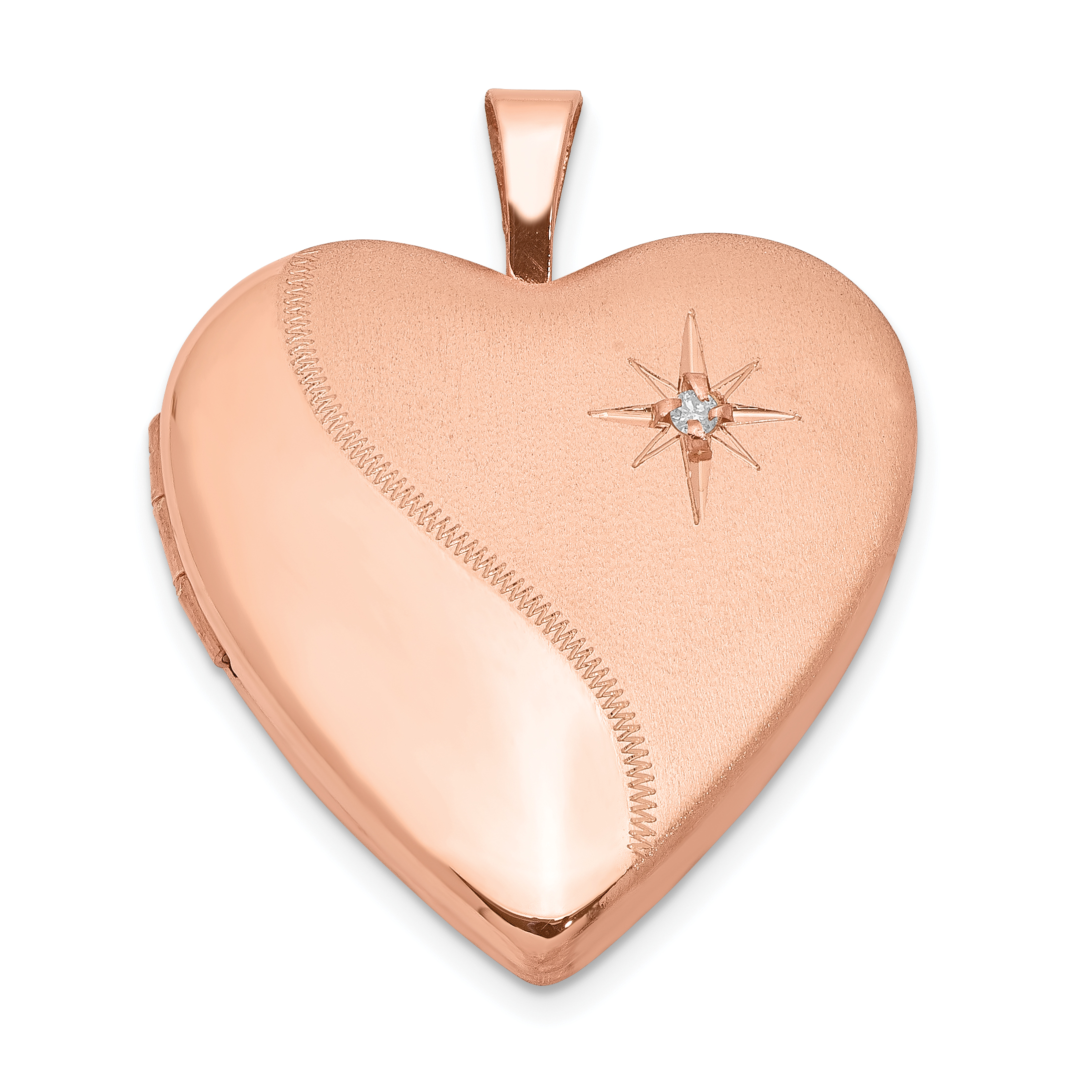 Sterling Silver Rose Gold-plated Polished & Satin 20mm Diamond Heart Locket (QLS738)