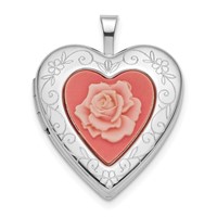 Sterling Silver Rhodium-plated Pink Rose Resin Cameo 20mm Heart Locket view 1