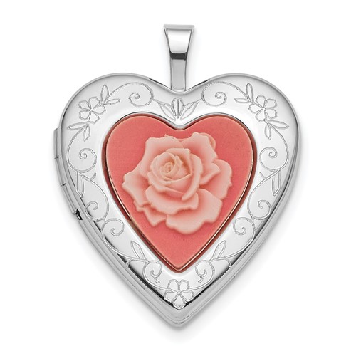 Sterling Silver Rhodium-plated Pink Rose Resin Cameo 20mm Heart Locket