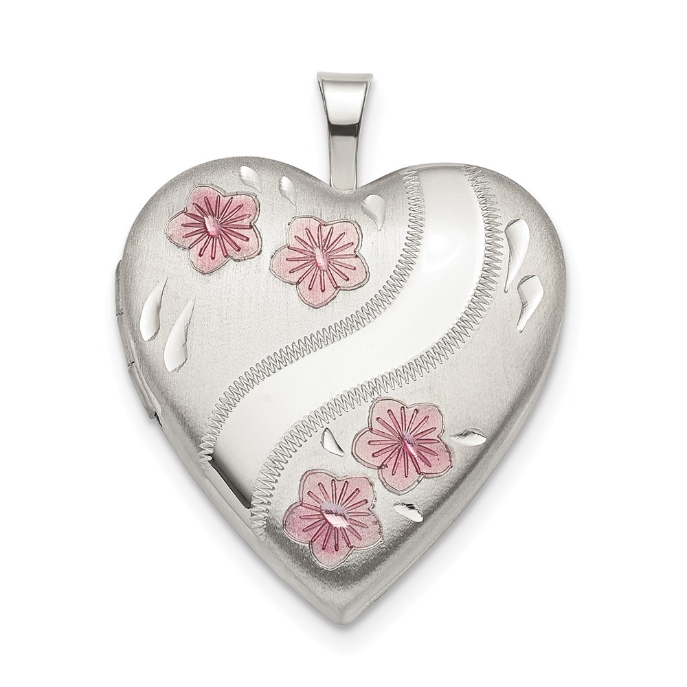 Sterling Silver 20mm Pink Enamel Flower Heart Locket
