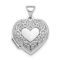 Sterling Silver Rhodium-plated Polished Scroll Border Reversible Same on Back 15mm Heart Locket view 1