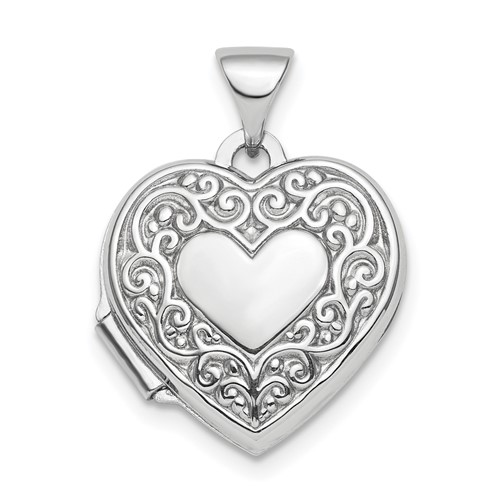 Sterling Silver Rhodium-plated Polished Scroll Border Reversible Same on Back 15mm Heart Locket