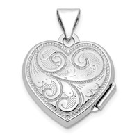 Sterling Silver Rhodium-plated Polished Scrolled Design 15mm Heart Locket view 3