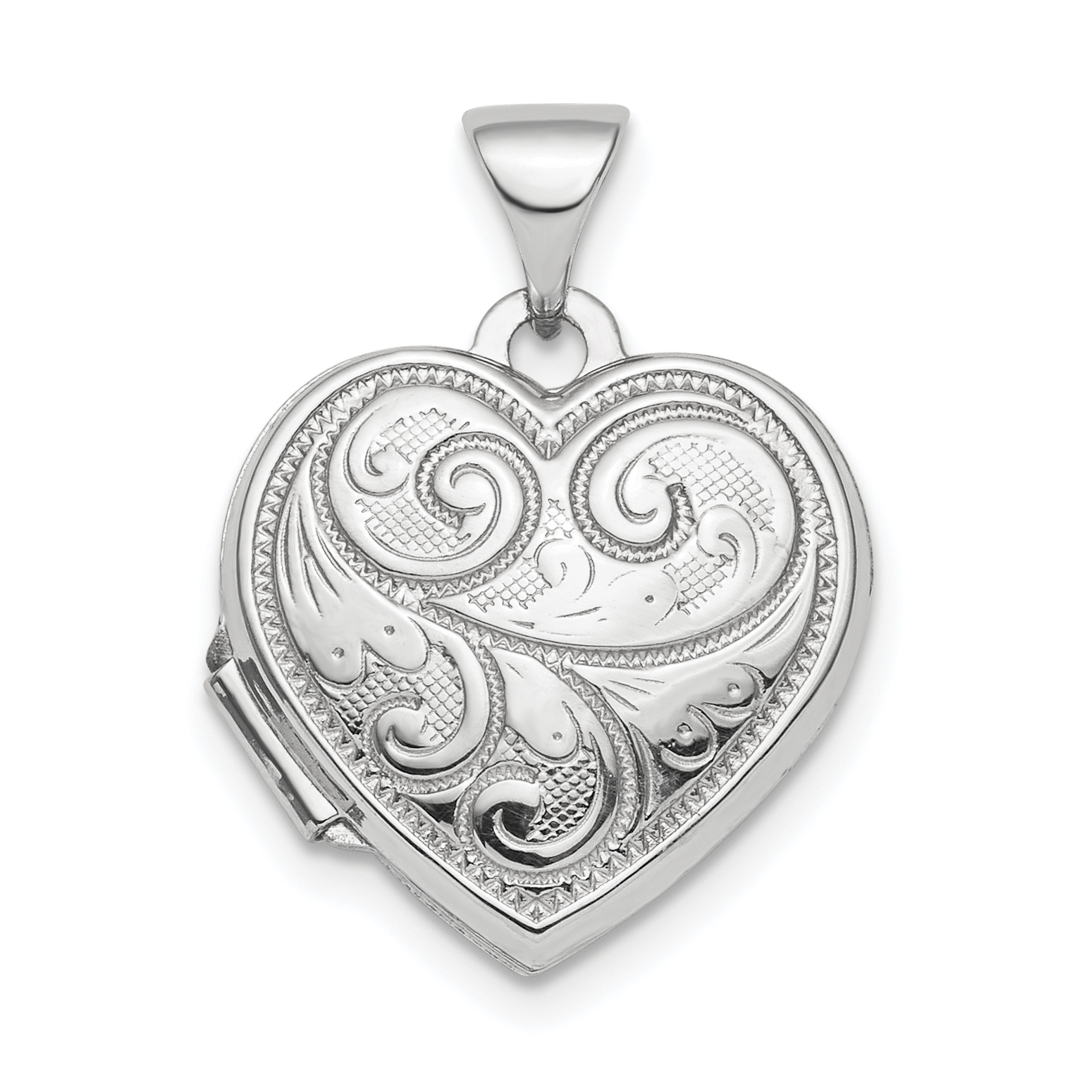 Sterling Silver Rhodium-plated Polished 15mm Heart Patterned Locket (QLS809)