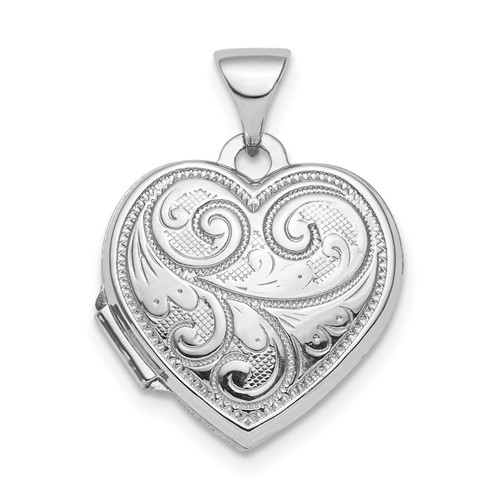 Sterling Silver Rhodium-plated Polished Scrolled Design 15mm Heart Locket